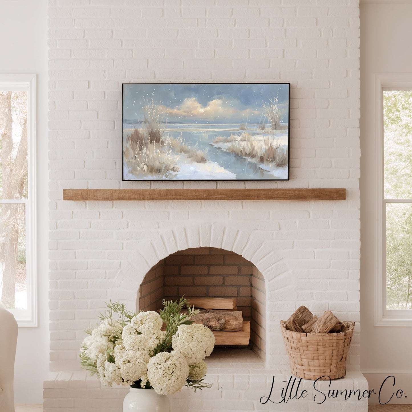 Snowy Lake Shore Frame TV Art displayed on a TV