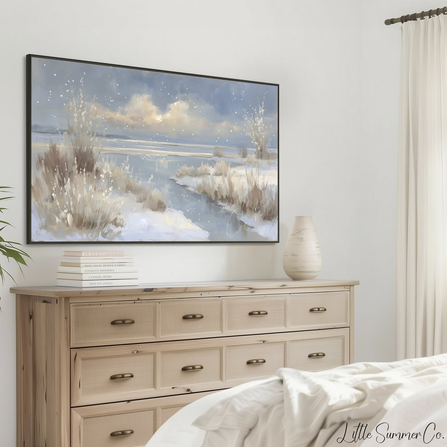 Snowy Lake Shore Frame TV Art displayed on a TV