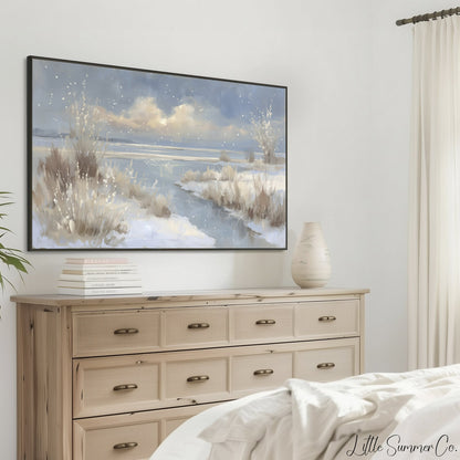 Snowy Lake Shore Frame TV Art displayed on a TV