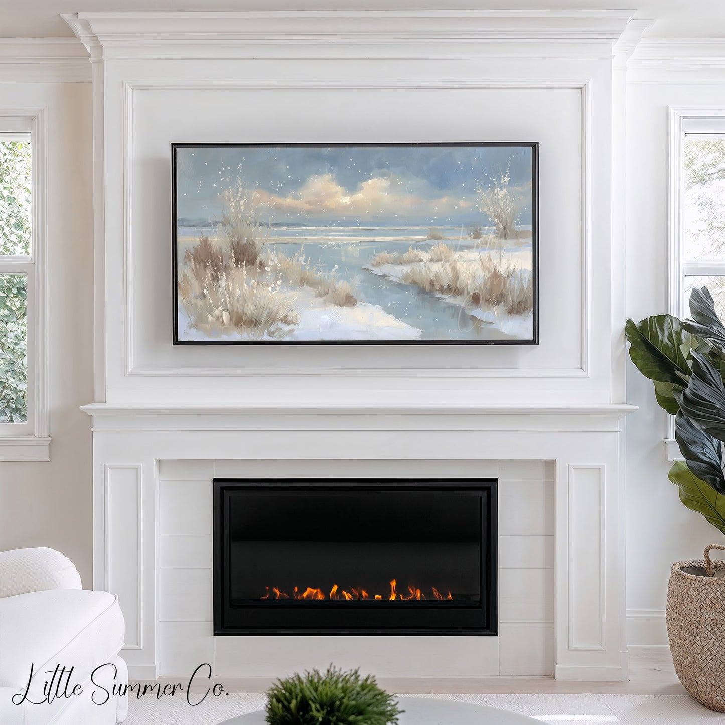 Snowy Lake Shore Frame TV Art displayed on a TV