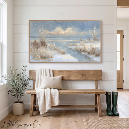 Snowy Lake Shore Frame TV Art displayed on a TV