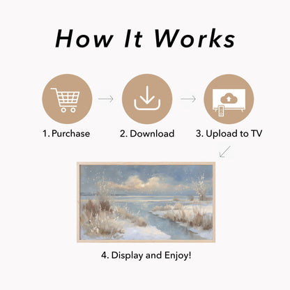 Snowy Lake Shore Frame TV Art displayed on a TV