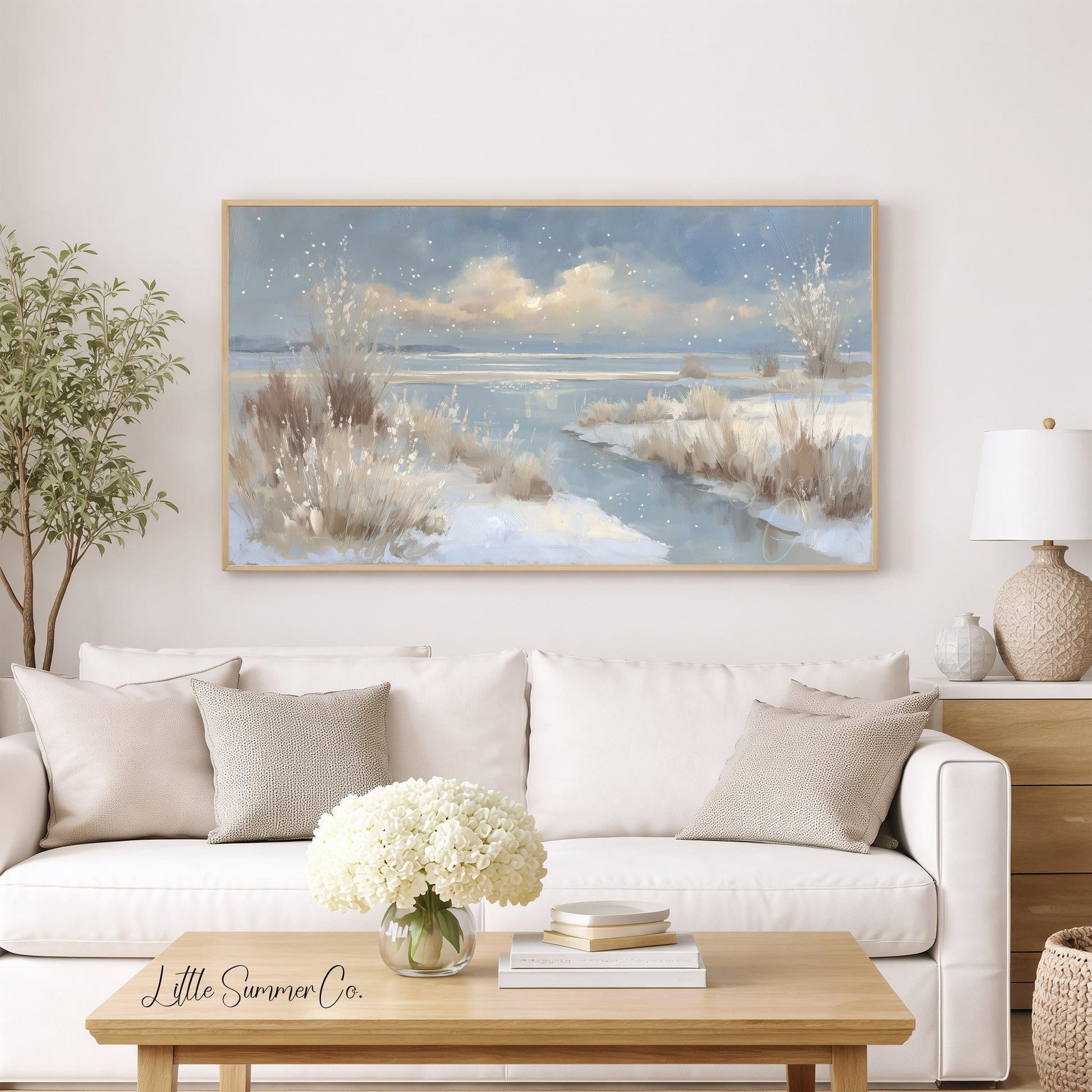 Snowy Lake Shore Frame TV Art displayed on a TV