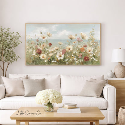 Coastal Wildflower Field Horizon Frame TV Art displayed on a TV