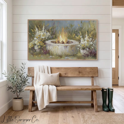 Garden Fire Pit Frame TV Art displayed on a TV