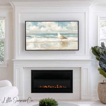 Seagull Ocean Waves Frame TV Art displayed on a TV