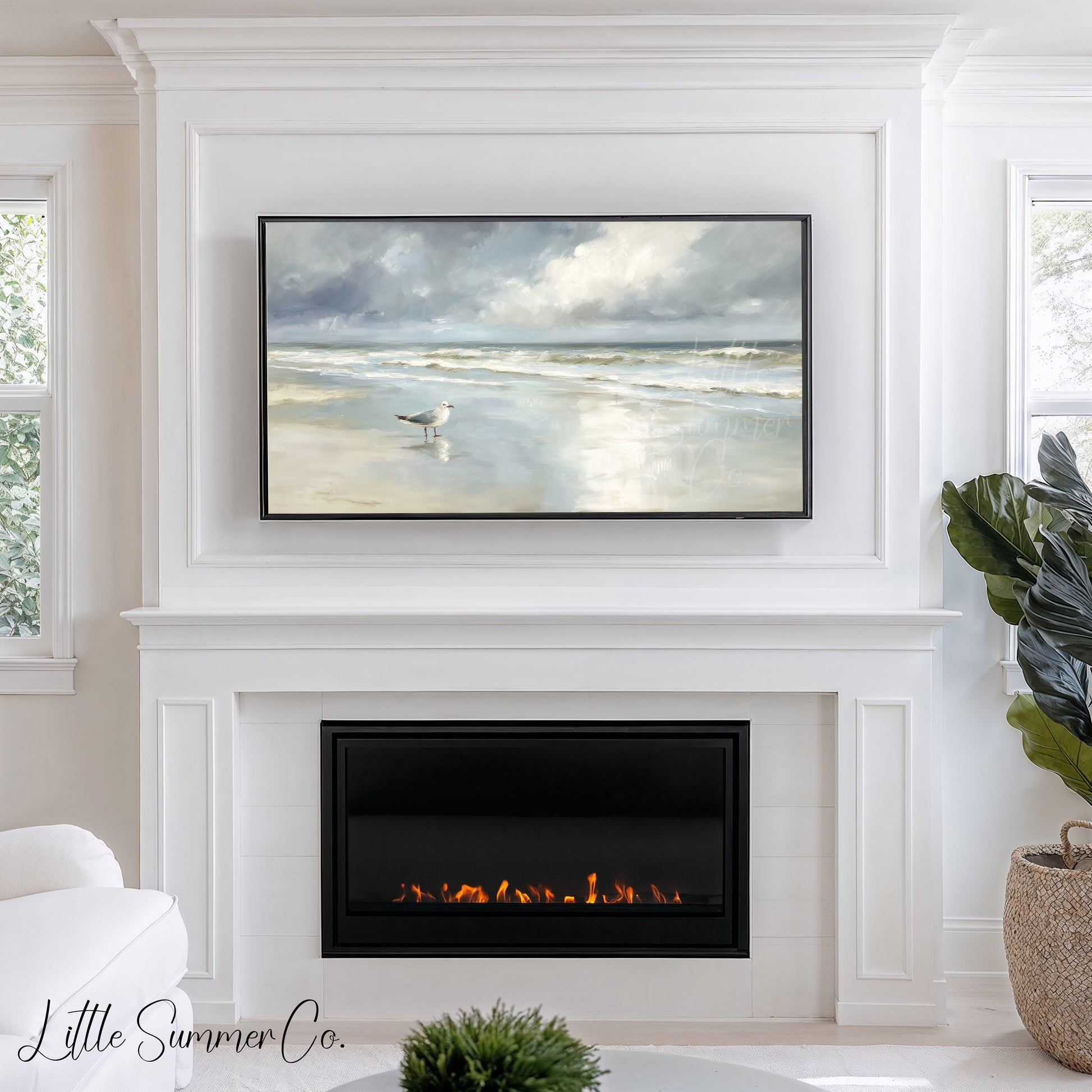 Seagull Shoreline Frame TV Art displayed on a TV