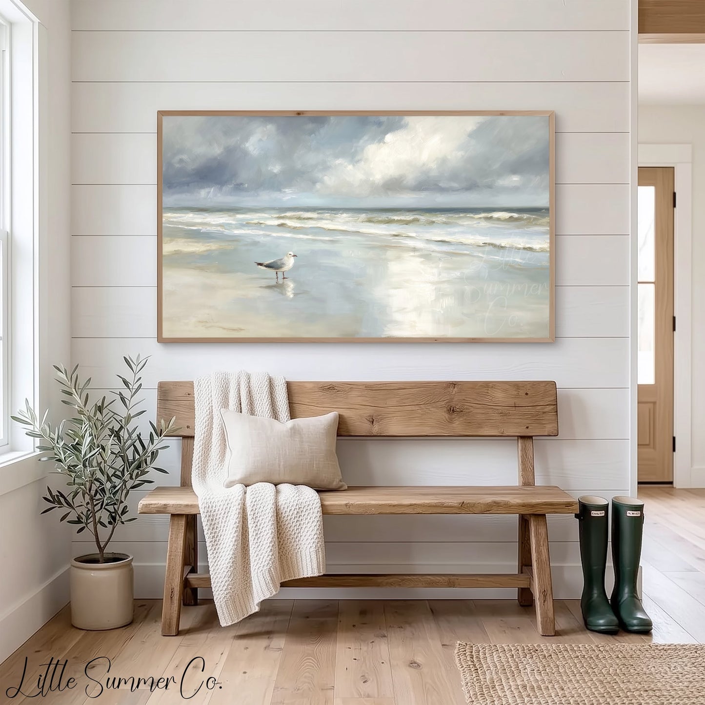 Seagull Shoreline Frame TV Art displayed on a TV