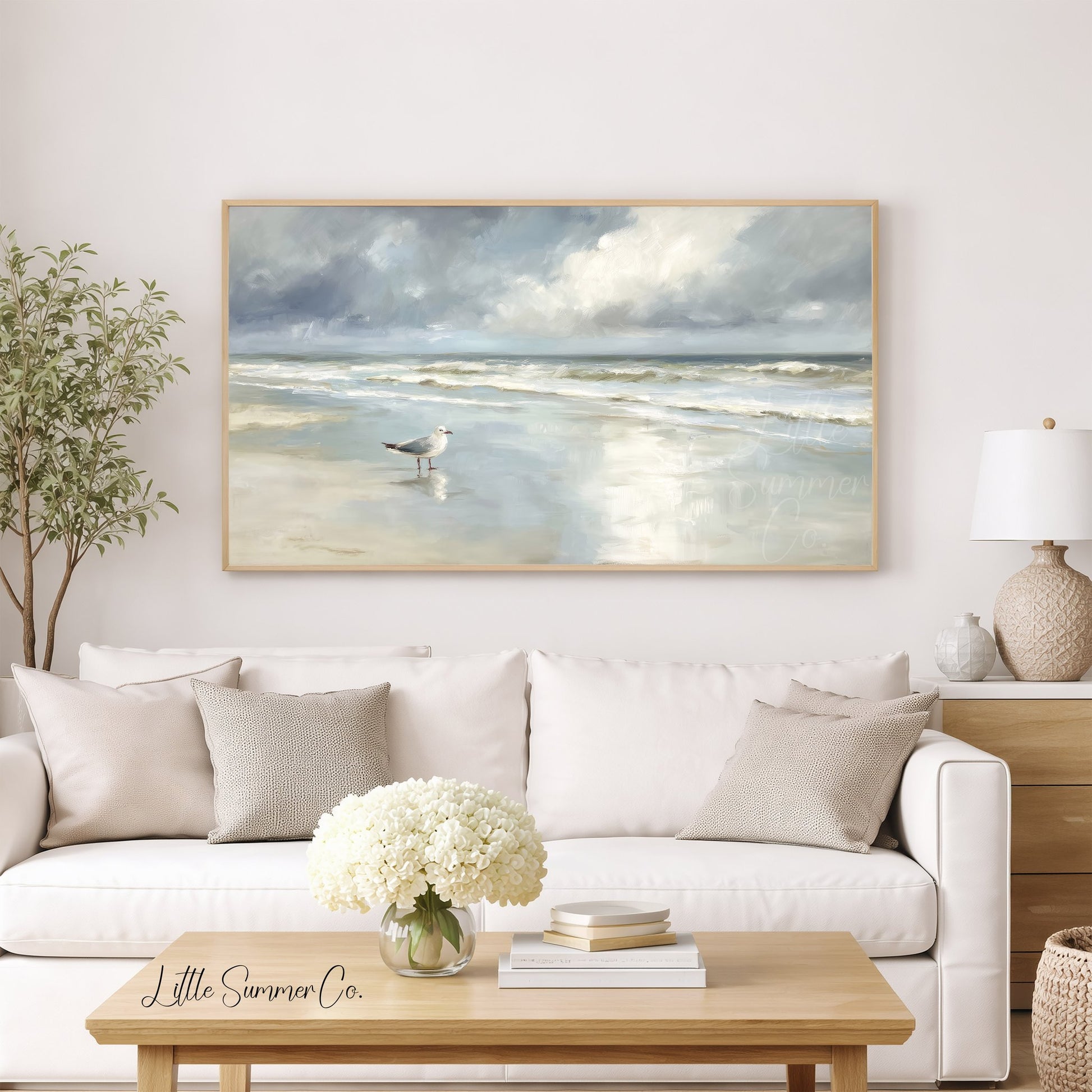 Seagull Shoreline Frame TV Art displayed on a TV