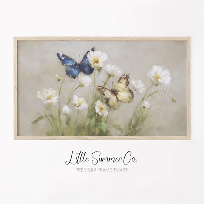 Butterflies White Flowers Frame TV Art displayed on a TV