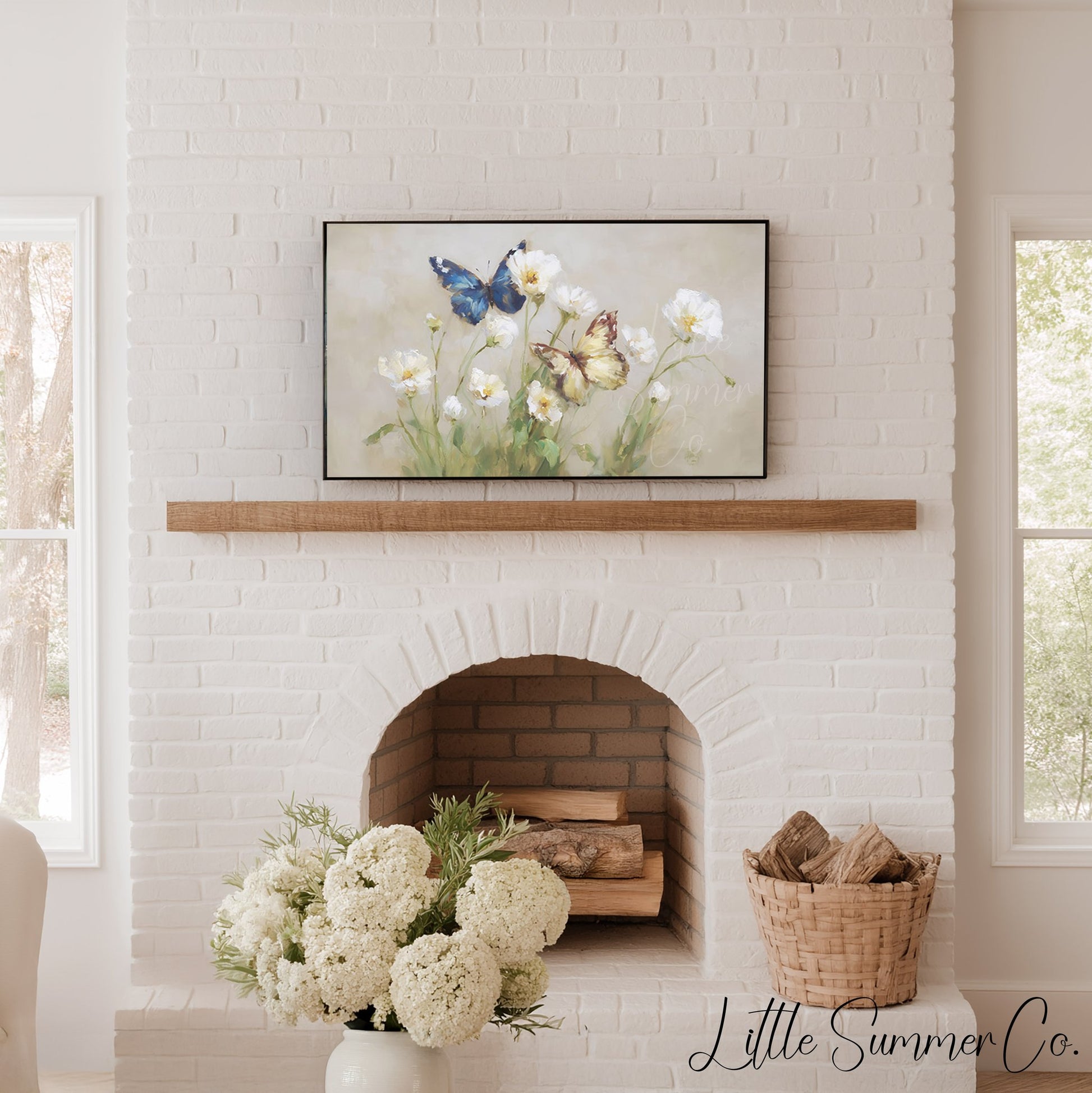Butterflies White Flowers Frame TV Art displayed on a TV