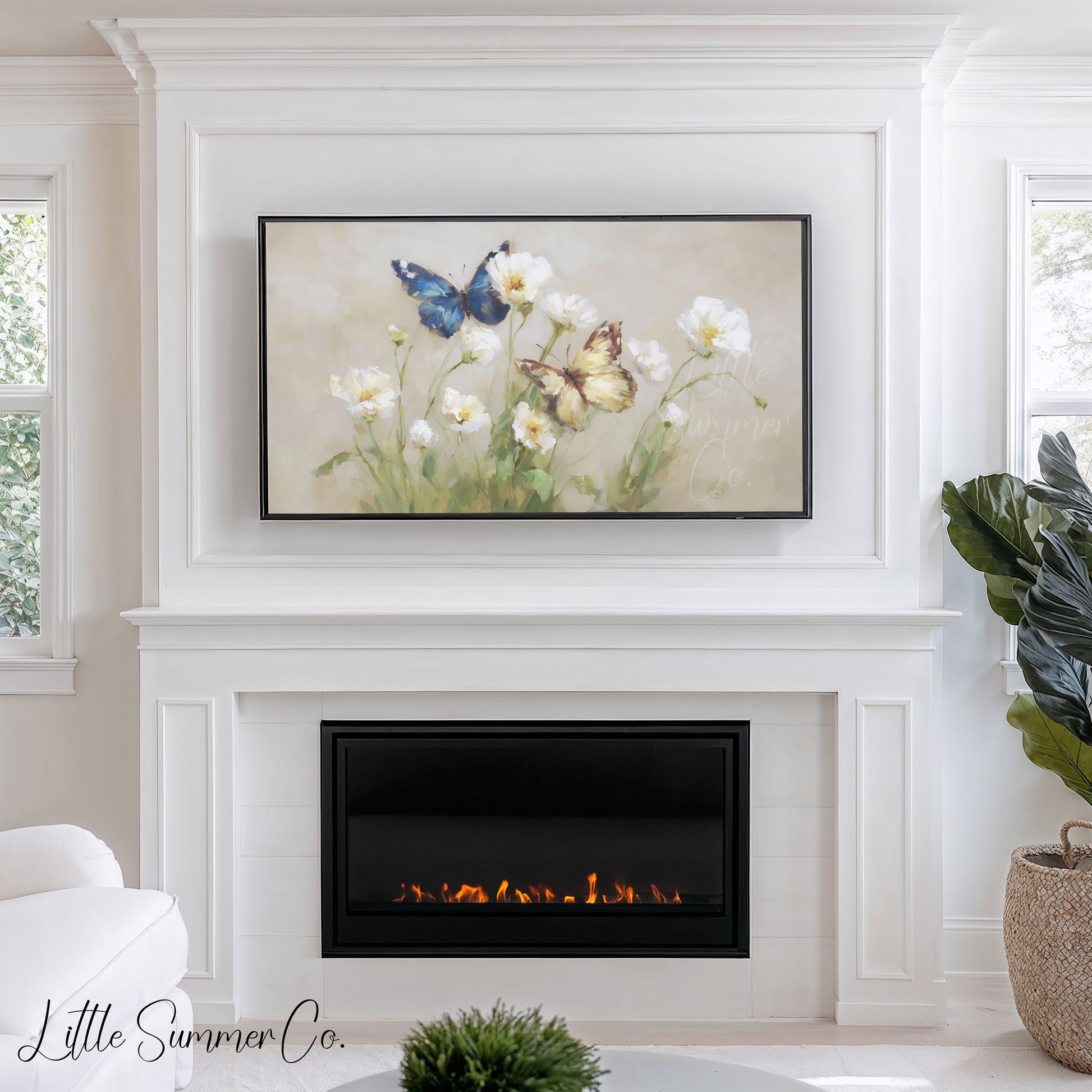 Butterflies White Flowers Frame TV Art displayed on a TV