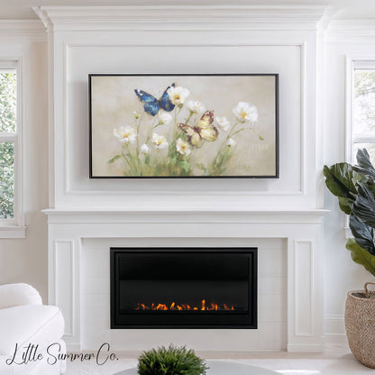 Butterflies White Flowers Frame TV Art displayed on a TV