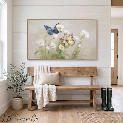 Butterflies White Flowers Frame TV Art displayed on a TV