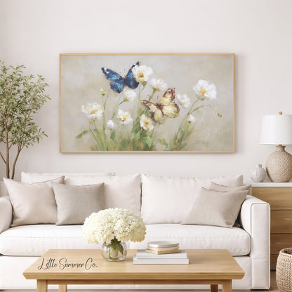 Butterflies White Flowers Frame TV Art displayed on a TV