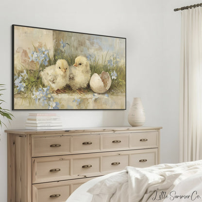 Chicks and Eggshell Frame TV Art displayed on a TV