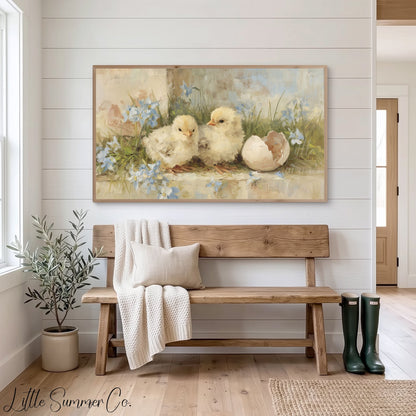 Chicks and Eggshell Frame TV Art displayed on a TV