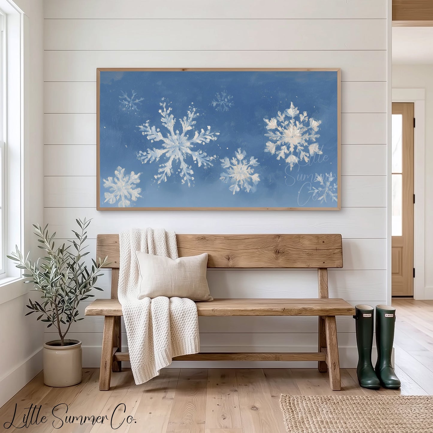Snowflake Pattern Frame TV Art displayed on a TV