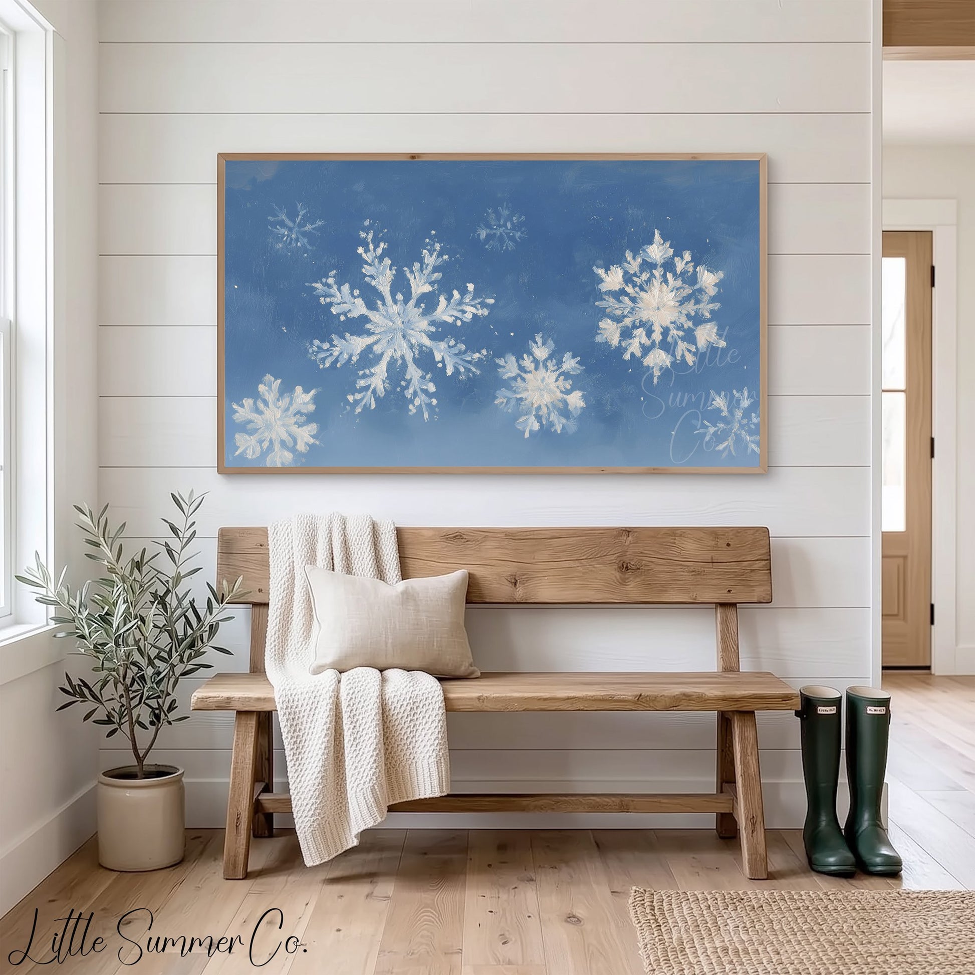 Snowflake Pattern Frame TV Art displayed on a TV