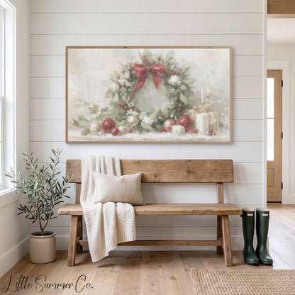 Christmas Wreath Holly Frame TV Art displayed on a TV