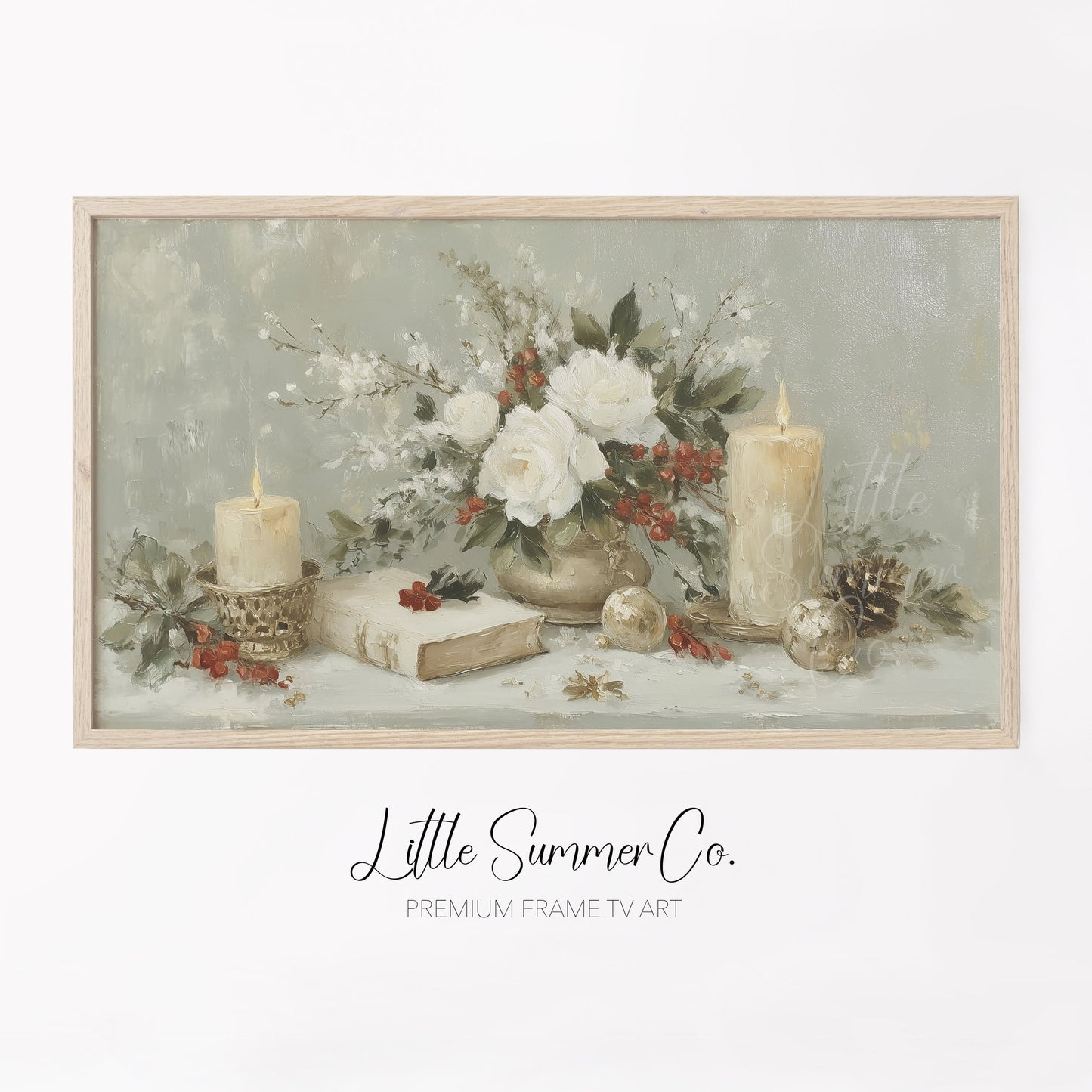 Holiday Candles and Flowers Frame TV Art displayed on a TV
