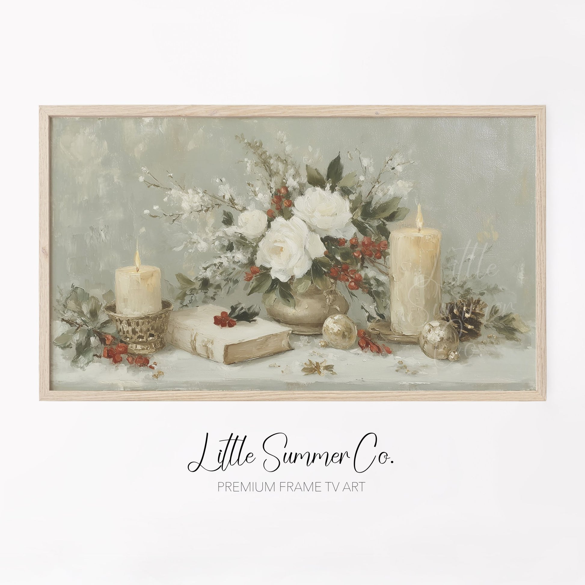 Holiday Candles and Flowers Frame TV Art displayed on a TV