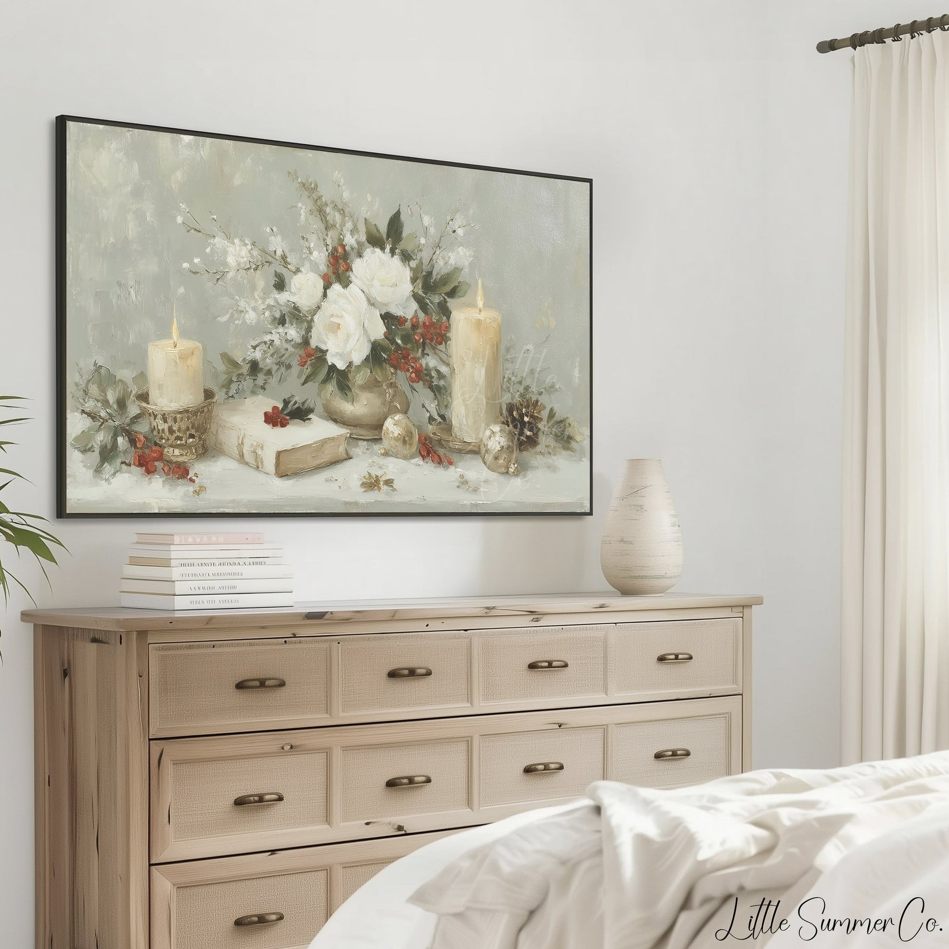 Holiday Candles and Flowers Frame TV Art displayed on a TV