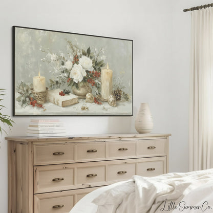 Holiday Candles and Flowers Frame TV Art displayed on a TV
