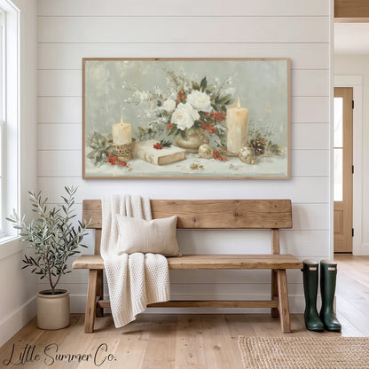 Holiday Candles and Flowers Frame TV Art displayed on a TV