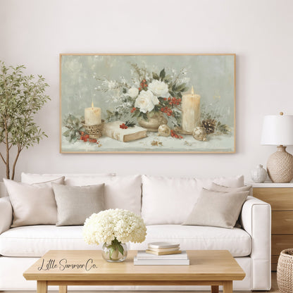 Holiday Candles and Flowers Frame TV Art displayed on a TV