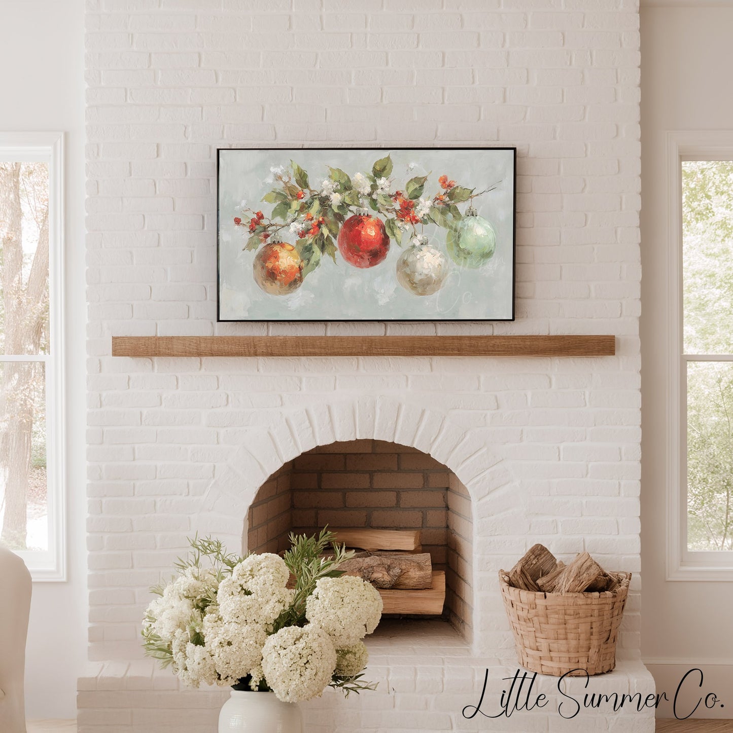 Christmas Ornaments Branch Frame TV Art displayed on a TV