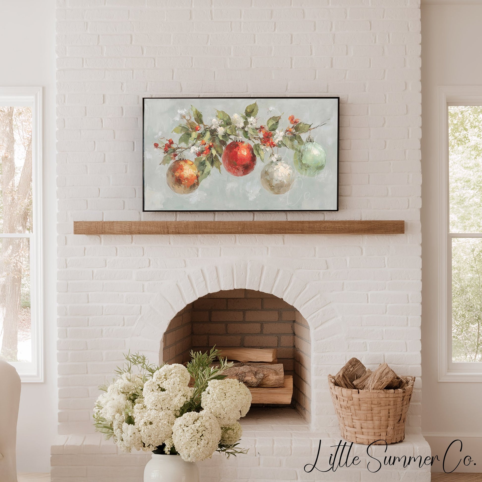 Christmas Ornaments Branch Frame TV Art displayed on a TV