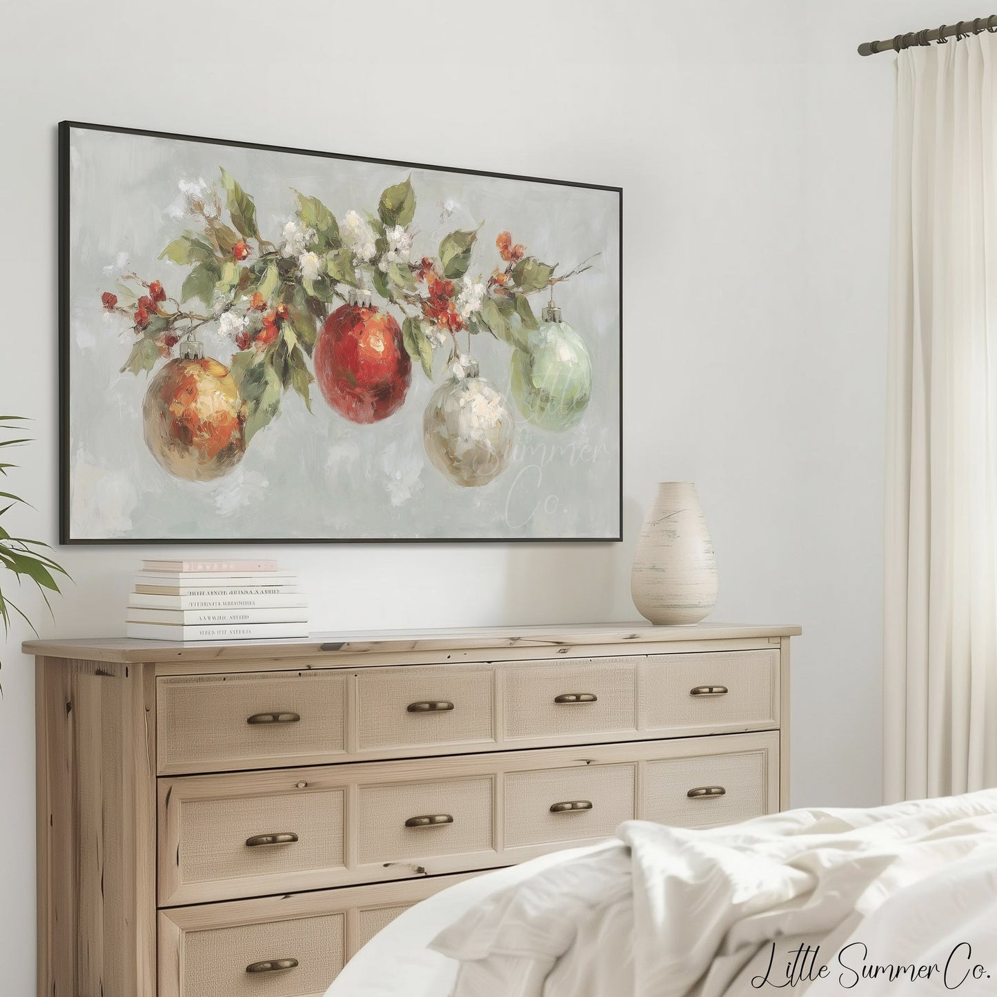 Christmas Ornaments Branch Frame TV Art displayed on a TV