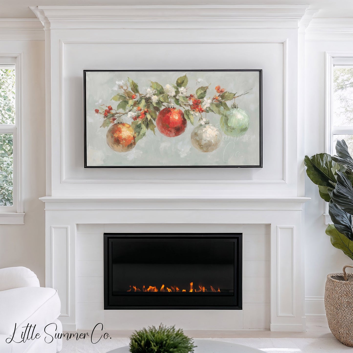 Christmas Ornaments Branch Frame TV Art displayed on a TV