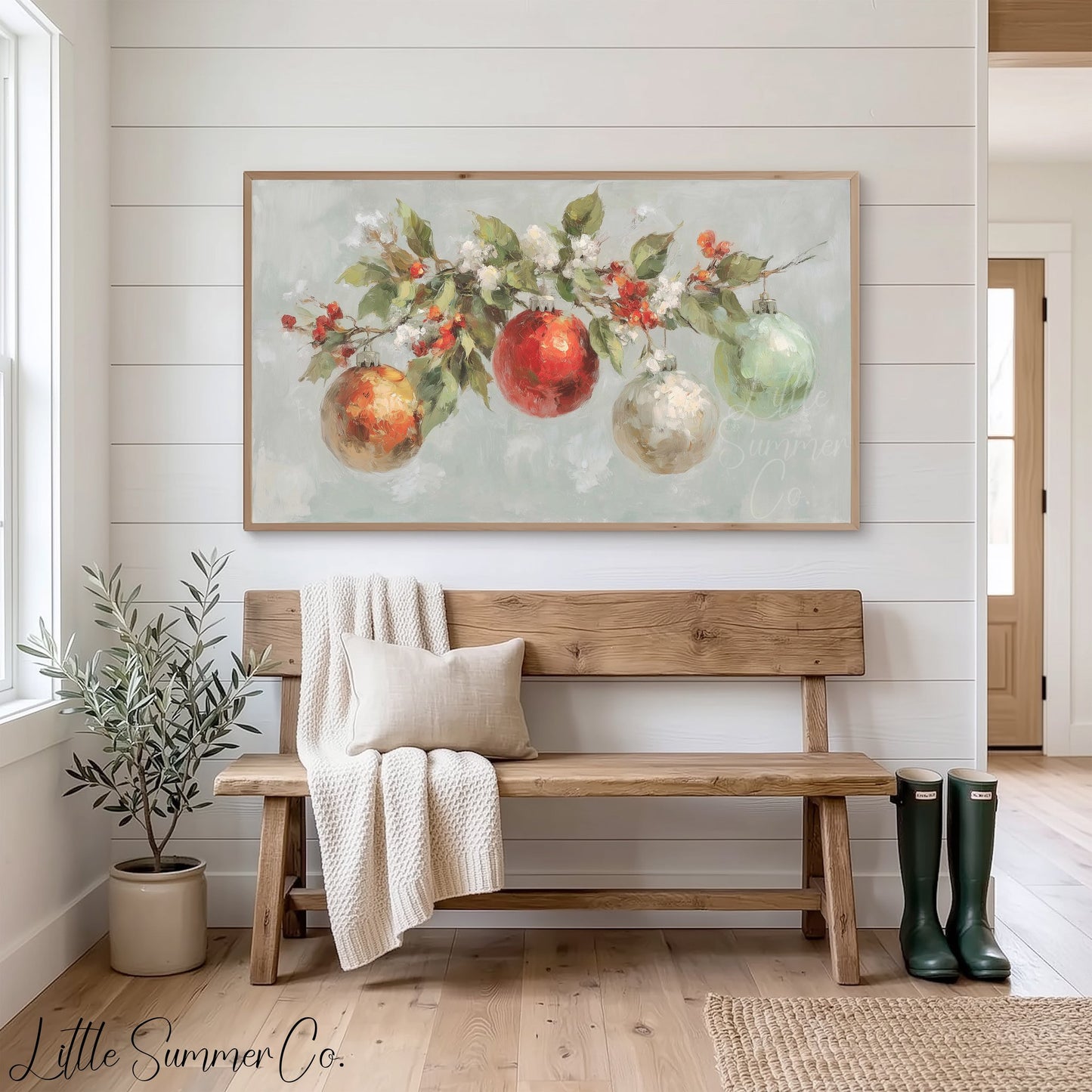 Christmas Ornaments Branch Frame TV Art displayed on a TV