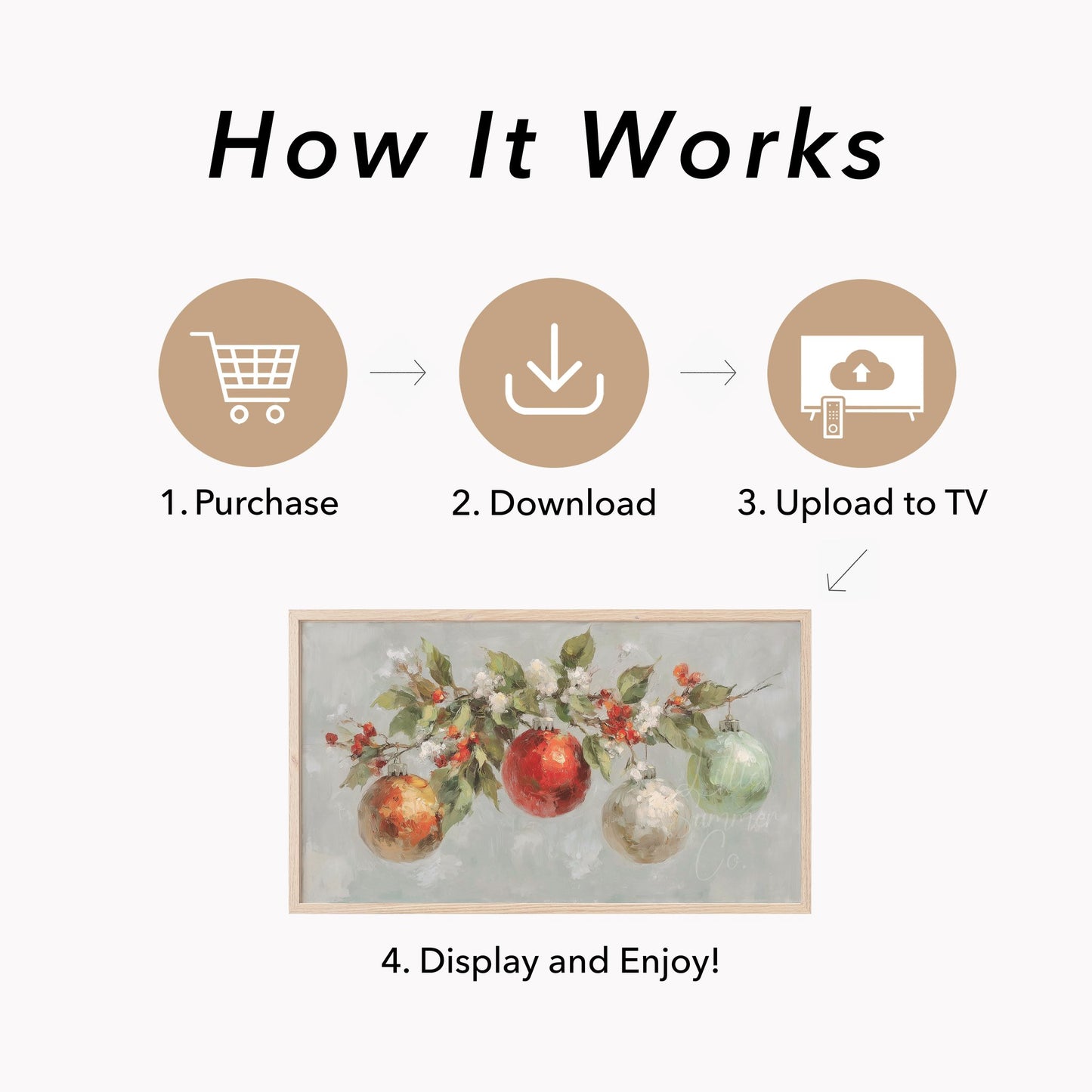 Christmas Ornaments Branch Frame TV Art displayed on a TV