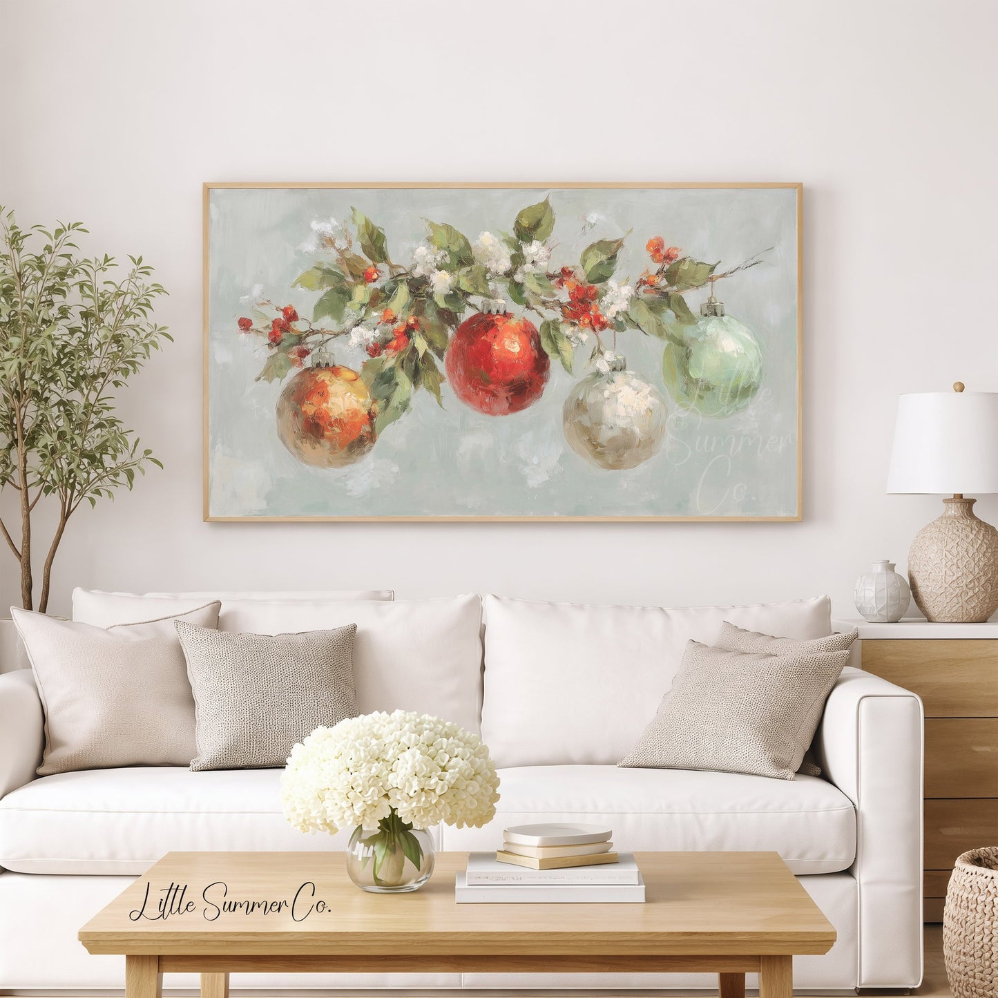Christmas Ornaments Branch Frame TV Art displayed on a TV