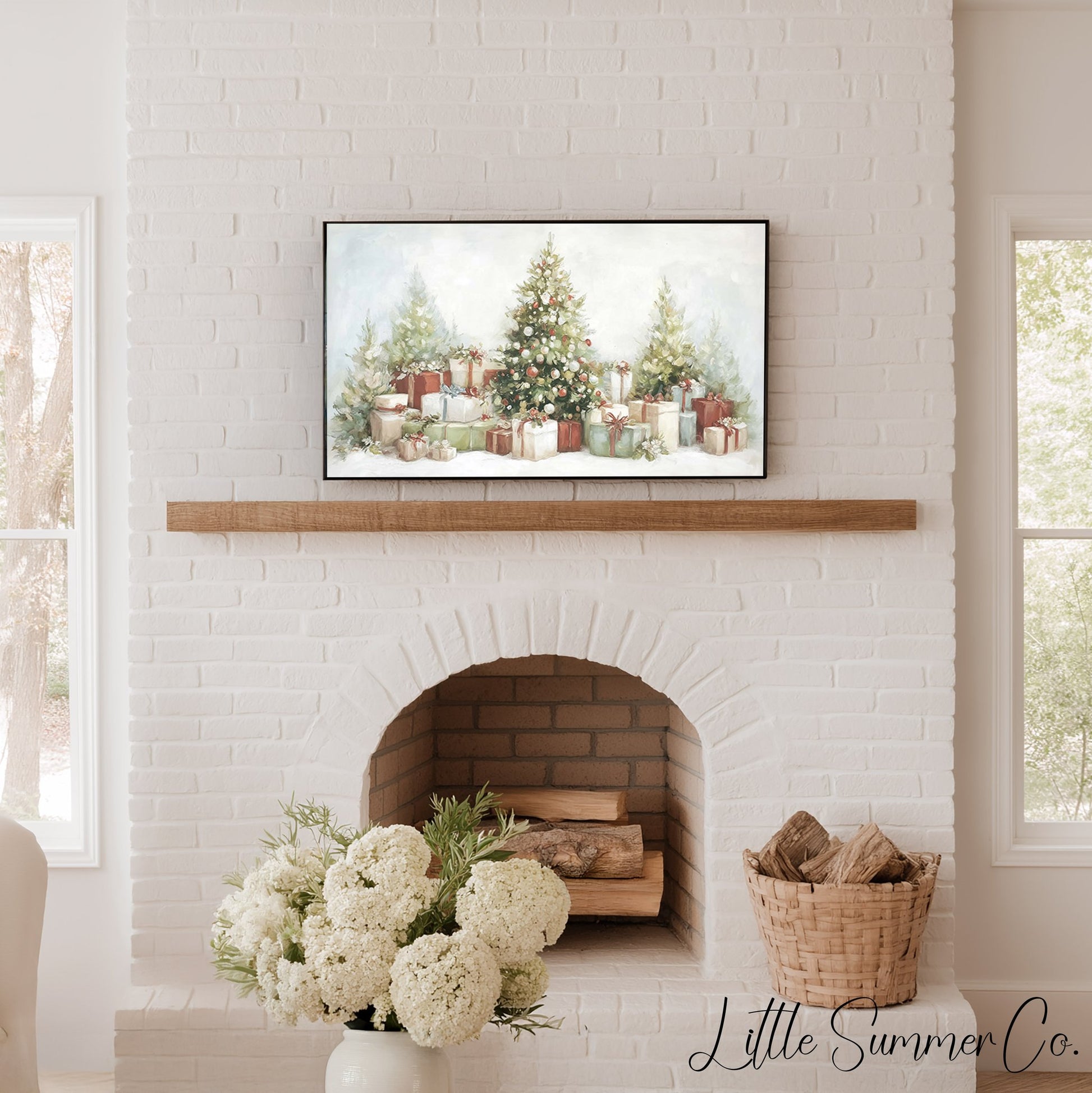 Christmas Trees and Presents Frame TV Art displayed on a TV