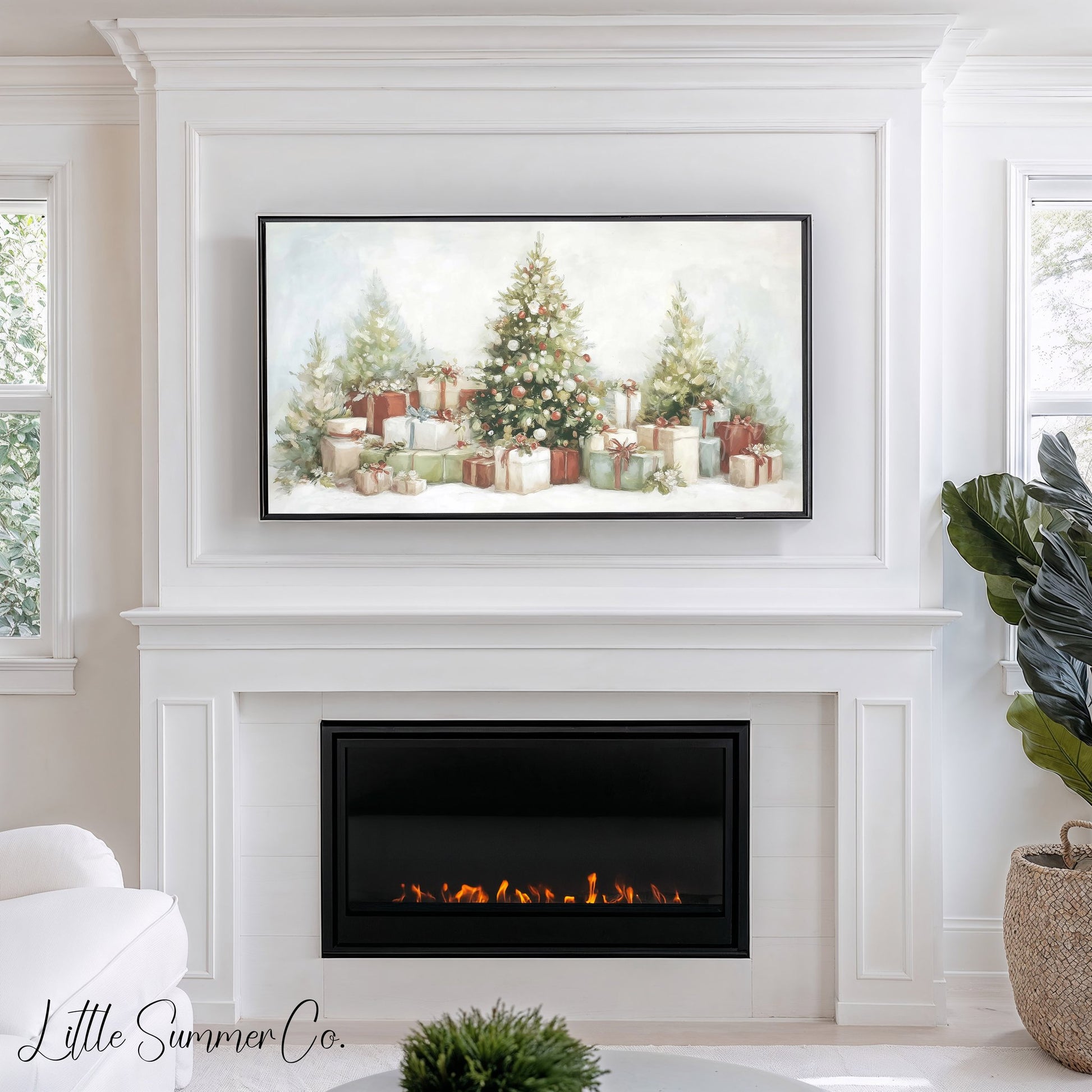 Christmas Trees and Presents Frame TV Art displayed on a TV