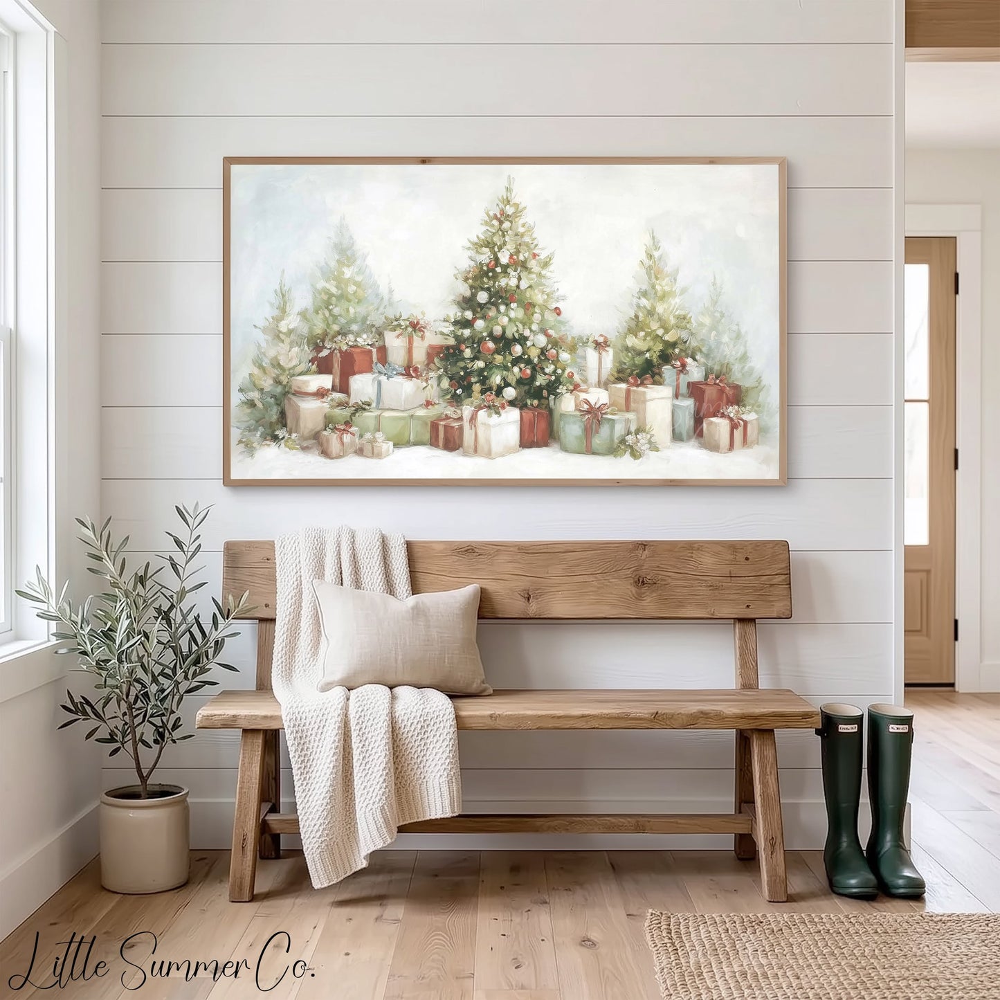 Christmas Trees and Presents Frame TV Art displayed on a TV