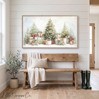 Christmas Trees and Presents Frame TV Art displayed on a TV