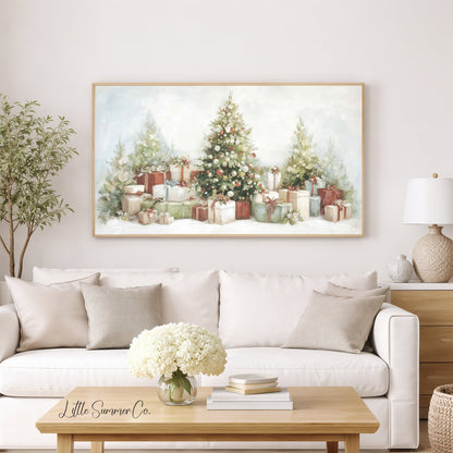 Christmas Trees and Presents Frame TV Art displayed on a TV