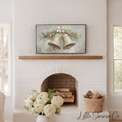 Christmas Bells Holly Frame TV Art displayed on a TV