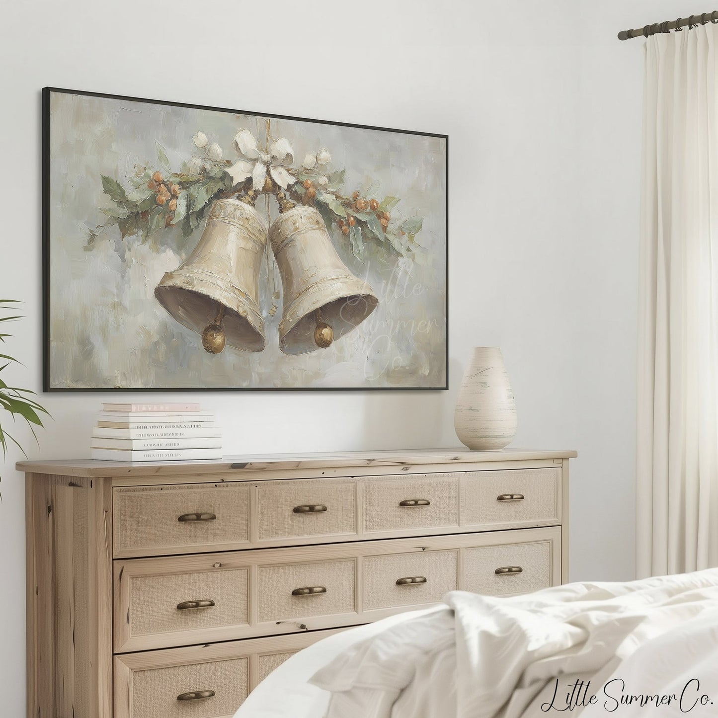 Christmas Bells Holly Frame TV Art displayed on a TV