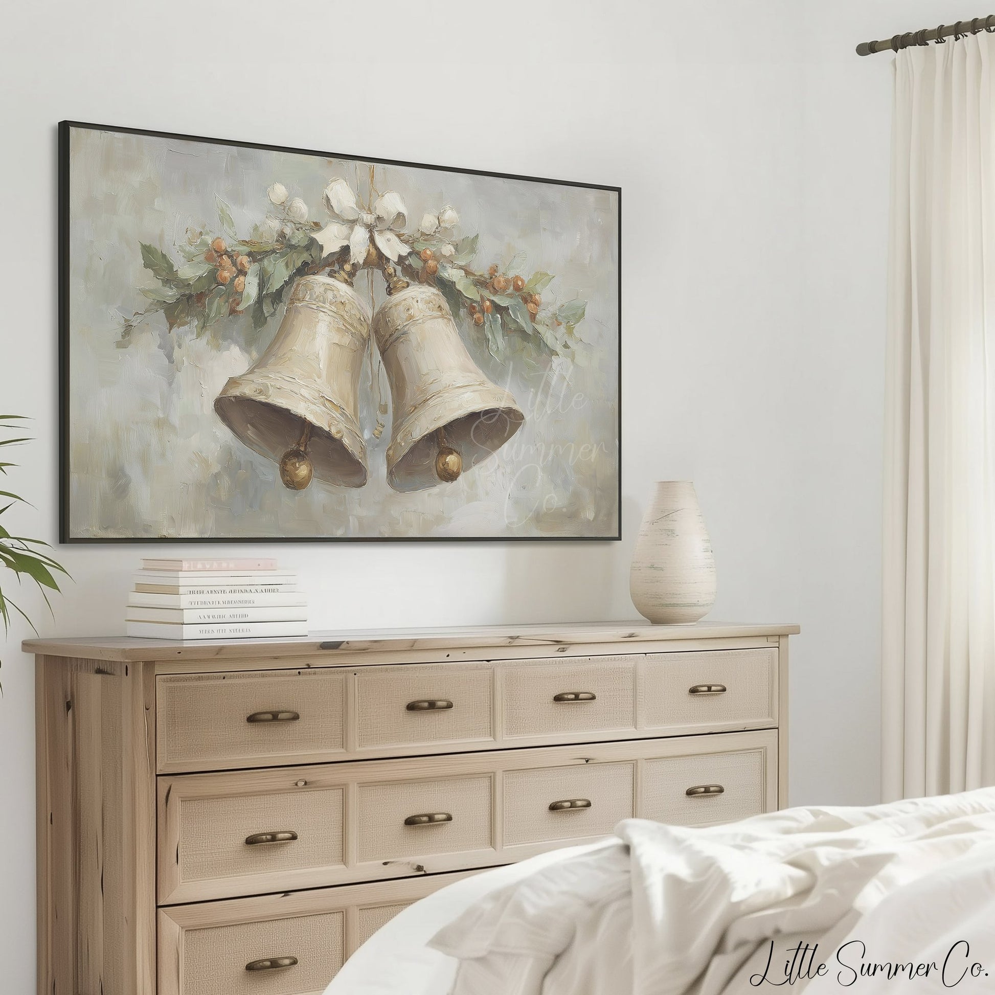 Christmas Bells Holly Frame TV Art displayed on a TV