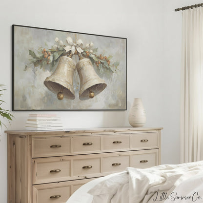 Christmas Bells Holly Frame TV Art displayed on a TV