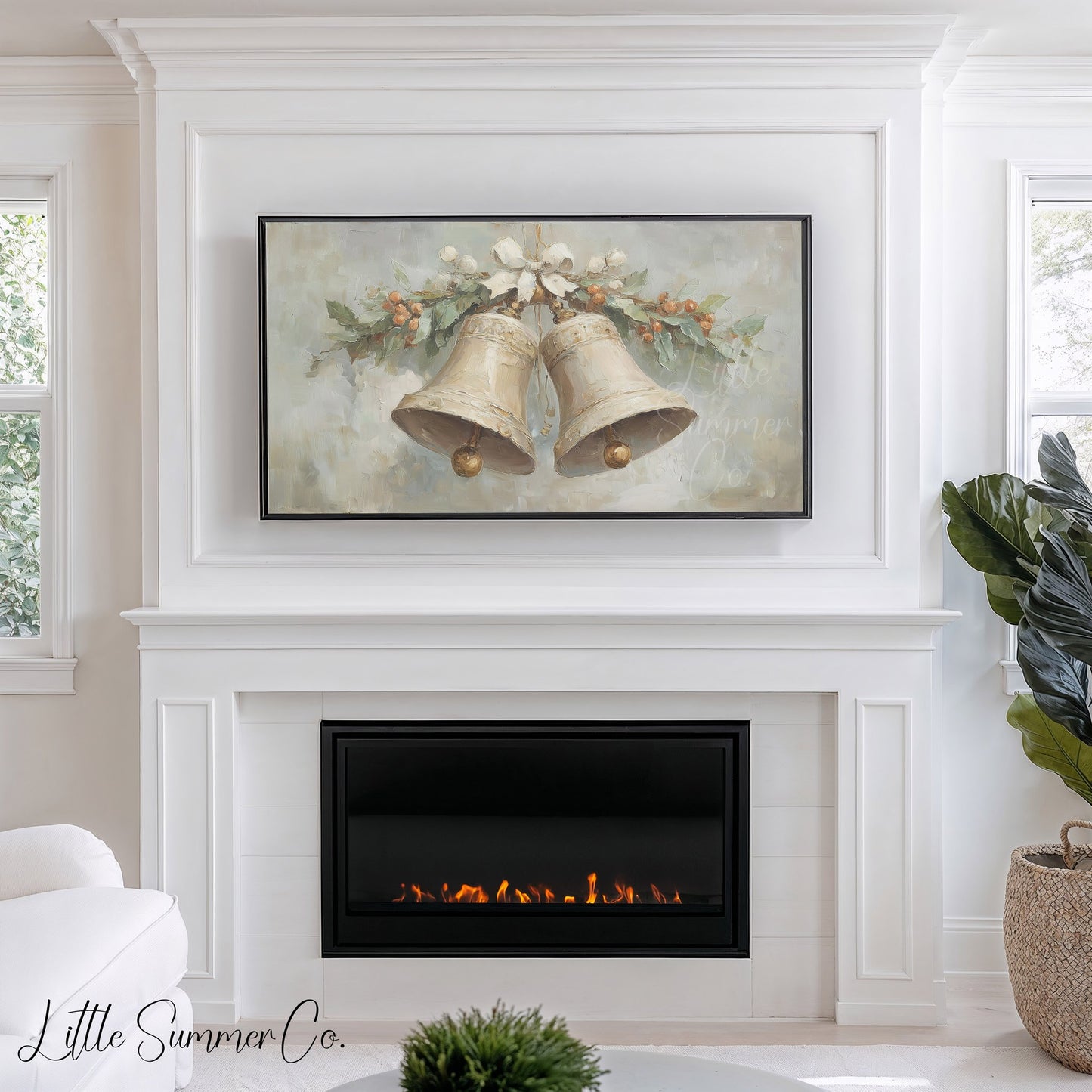 Christmas Bells Holly Frame TV Art displayed on a TV