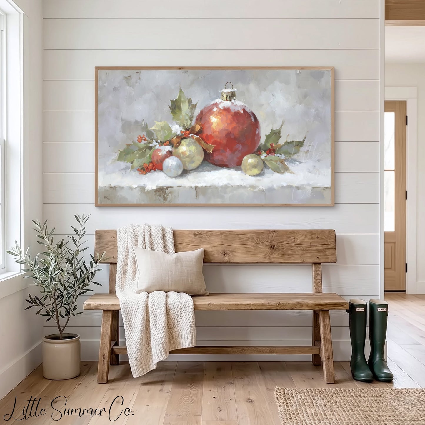Christmas Ornament Cluster Frame TV Art displayed on a TV