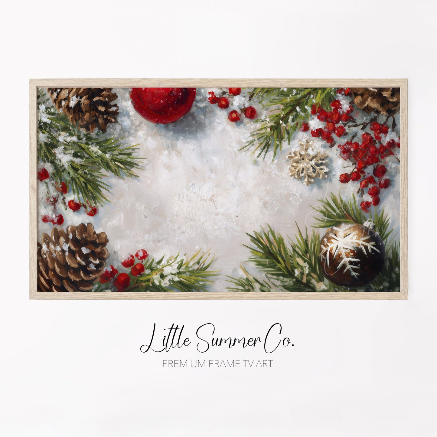 Pinecones and Berries Border Frame TV Art displayed on a TV