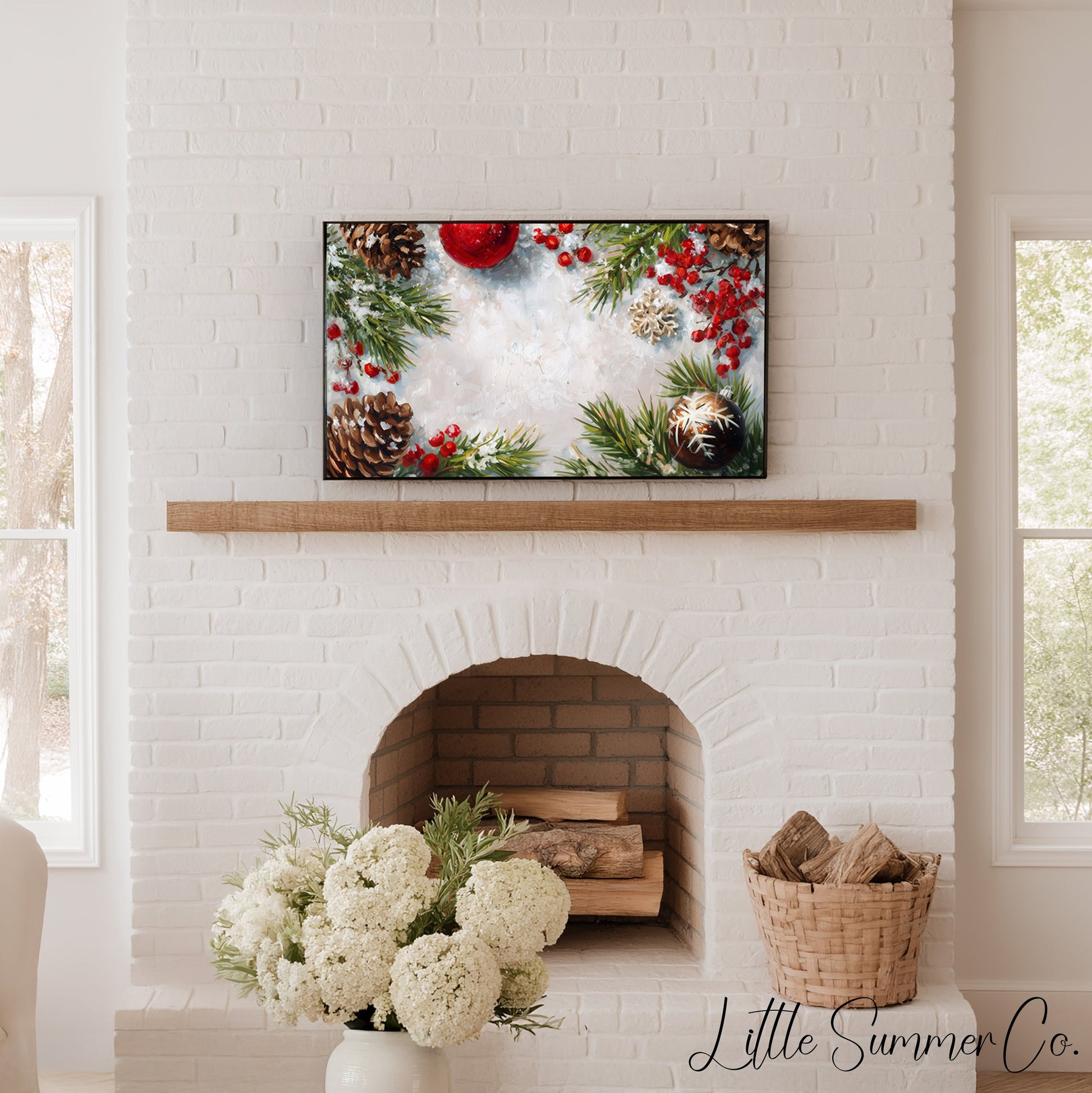Pinecones and Berries Border Frame TV Art displayed on a TV